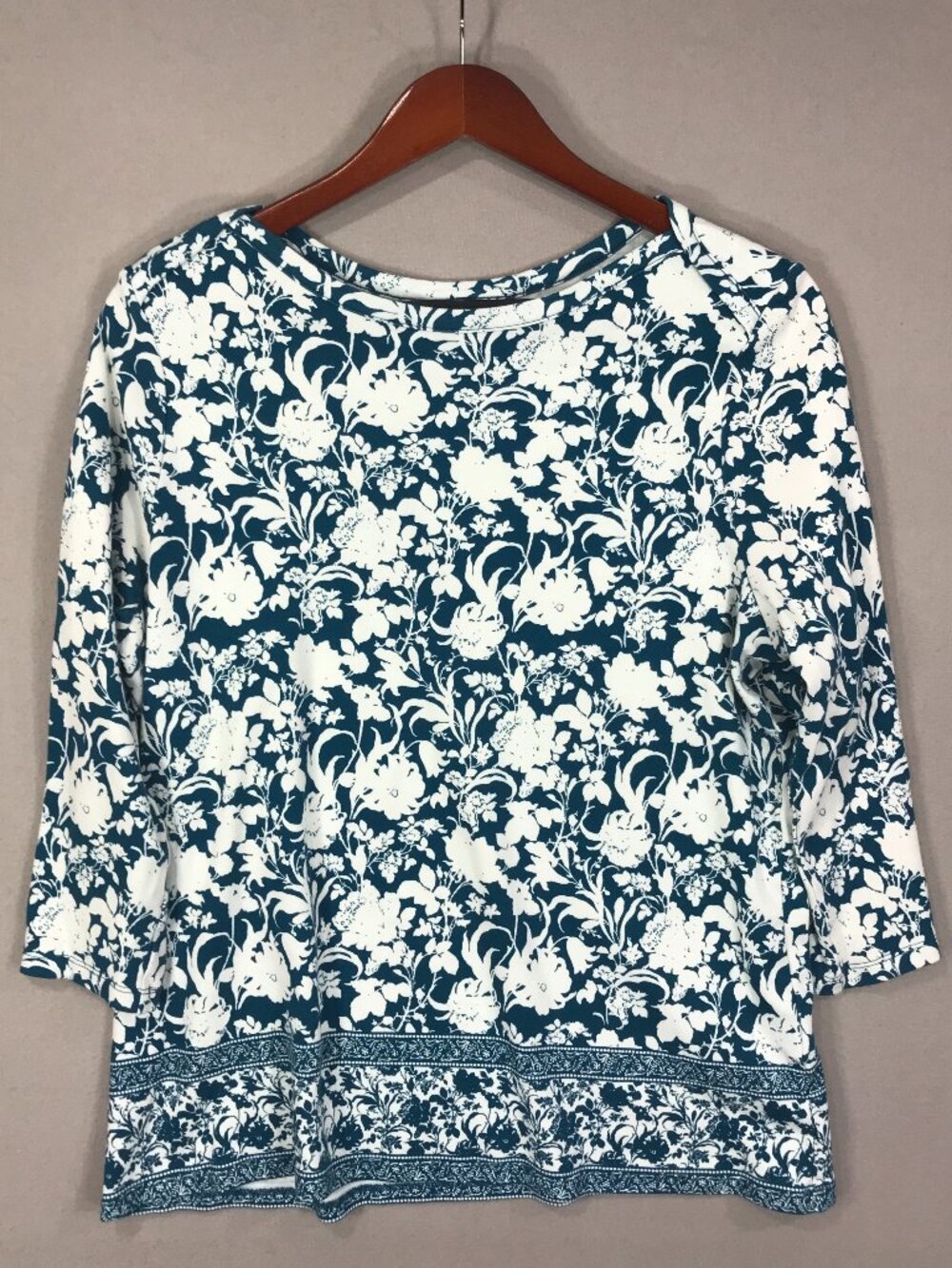 Style & Co Top Womens XL Green White Floral Blouse Boat 3/4 Sleeve Supima Cotton